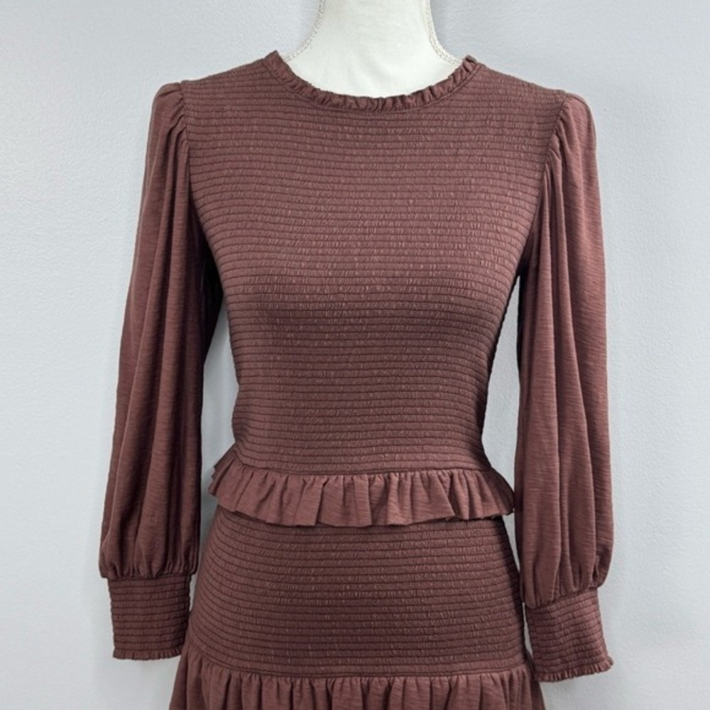 Nation LTD Abby Smocked Mini Dress Small Mauve Ruffle Long Sleeve Boho Romantic - Picture 5 of 13